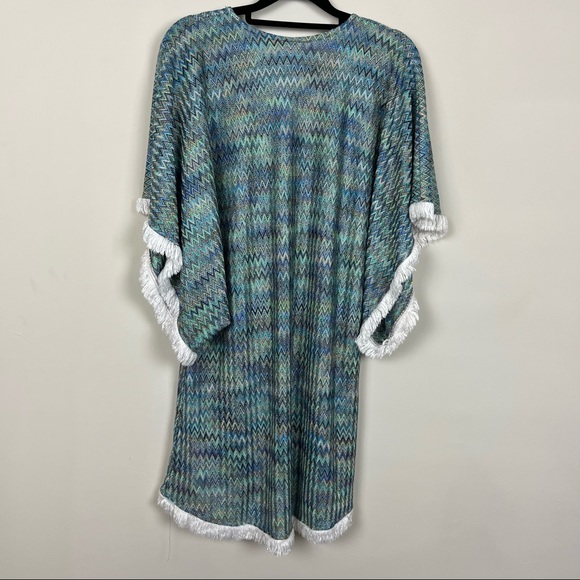 ALEXIS PONCHO COVER UP IN BLUE AND GREEN WITH WHITE FRINGE TRIM SIZE XS/S - Picture 10 of 13